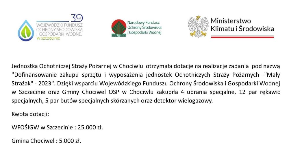 Informacja o dotacji z WFOŚiGW w Szczecinie dla OSP w Chociwlu